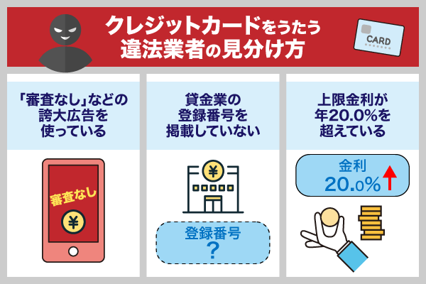 審査なしをうたう違法業者の見分け方を解説している画像